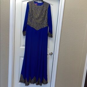 Blue and Gold Mock Neck Long Sleeve Gown